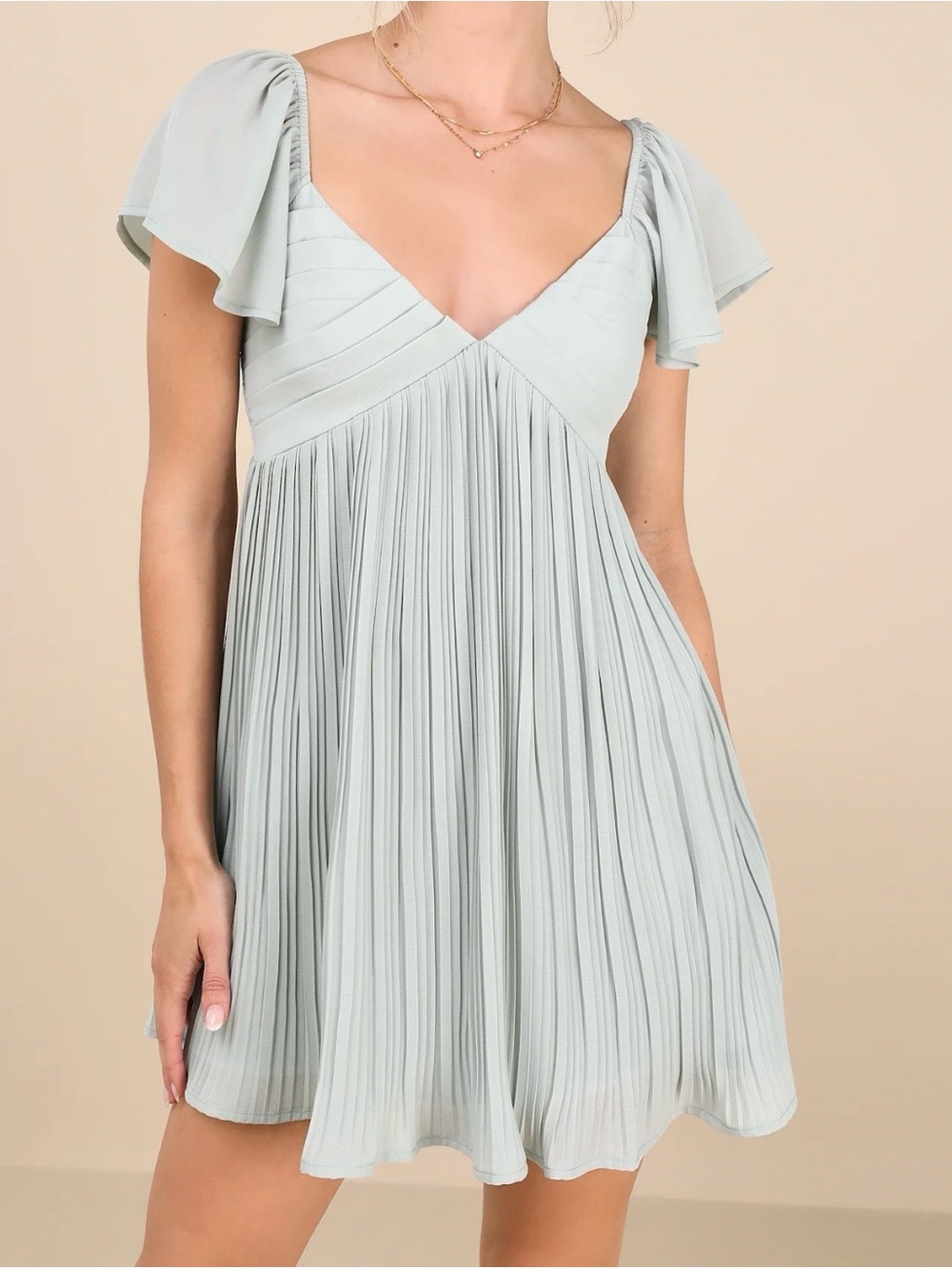 Lulus Amalfi Coast Mint Blue Pleated Flutter Sleeve Mini Dress
